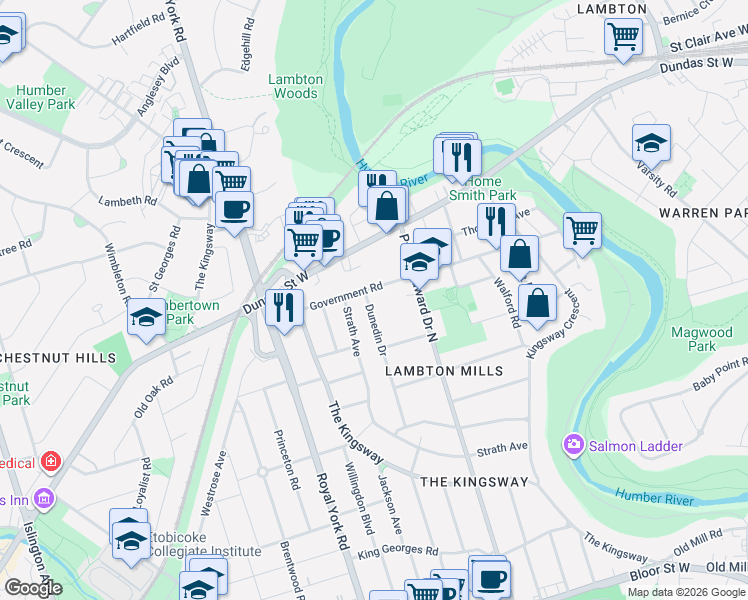 map of restaurants, bars, coffee shops, grocery stores, and more near in Toronto