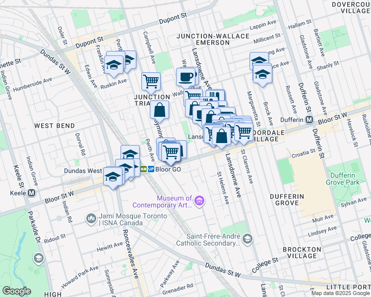map of restaurants, bars, coffee shops, grocery stores, and more near in Toronto