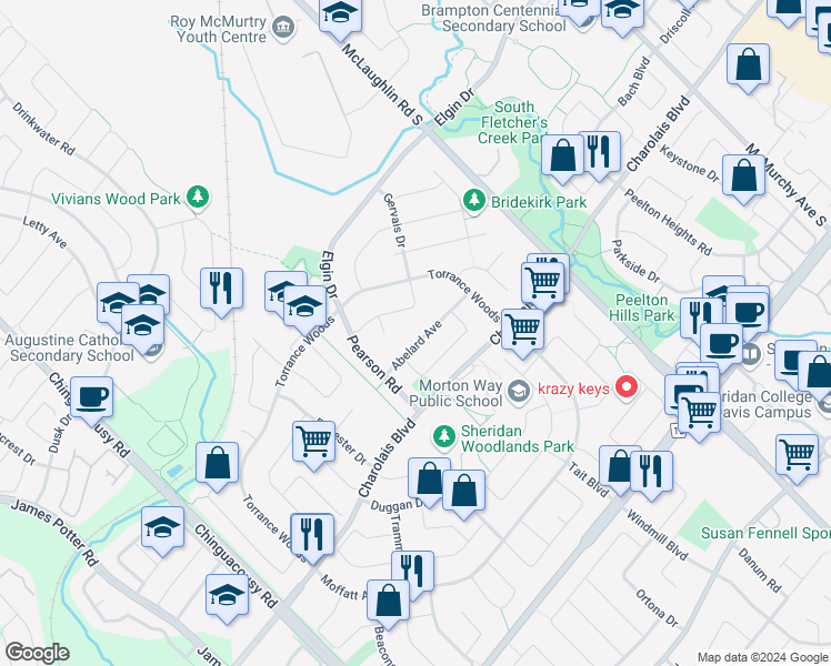 map of restaurants, bars, coffee shops, grocery stores, and more near 44 Abelard Avenue in Brampton