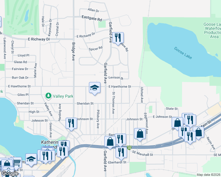 map of restaurants, bars, coffee shops, grocery stores, and more near 1203 East Hawthorne Street in Albert Lea