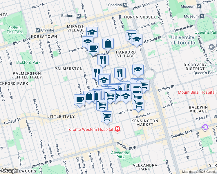 map of restaurants, bars, coffee shops, grocery stores, and more near in Toronto