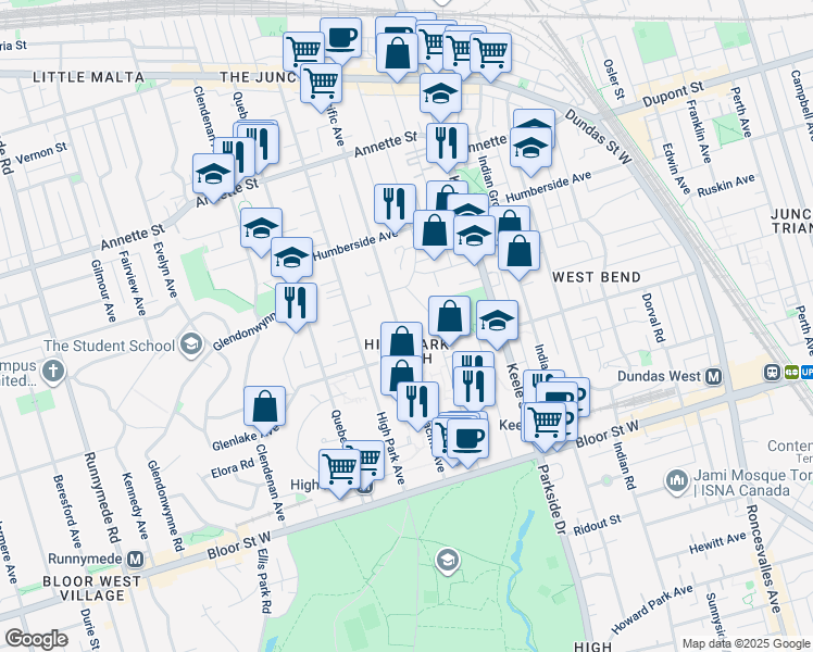 map of restaurants, bars, coffee shops, grocery stores, and more near 171 Pacific Avenue in Toronto