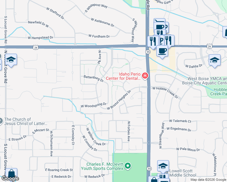map of restaurants, bars, coffee shops, grocery stores, and more near 5899 Cosworth Court in Boise