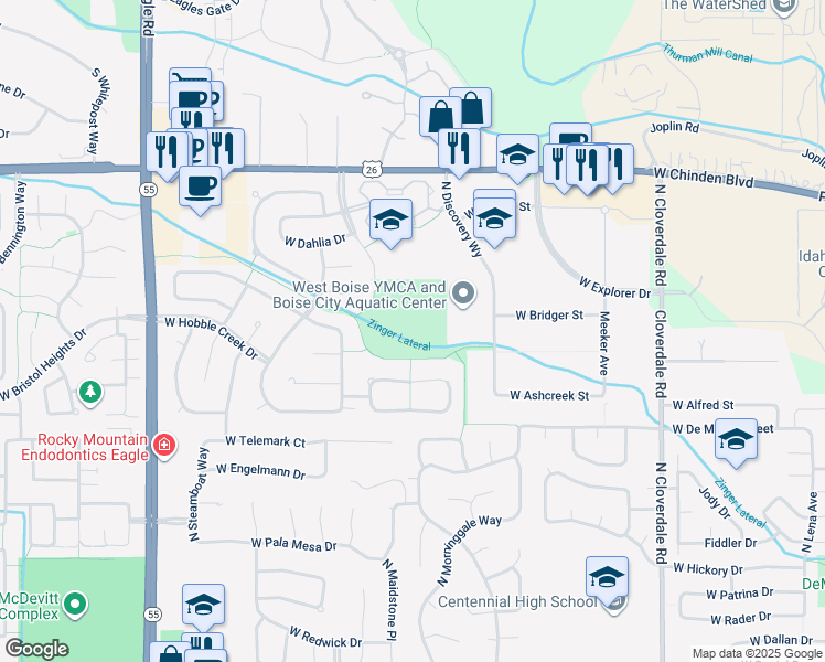 map of restaurants, bars, coffee shops, grocery stores, and more near 6050 North Park Meadow Way in Boise