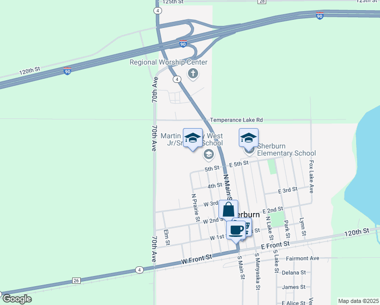 map of restaurants, bars, coffee shops, grocery stores, and more near 16 5th Street in Sherburn