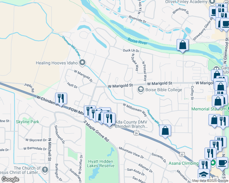 map of restaurants, bars, coffee shops, grocery stores, and more near 6007 Hazelbrook Lane in Garden City