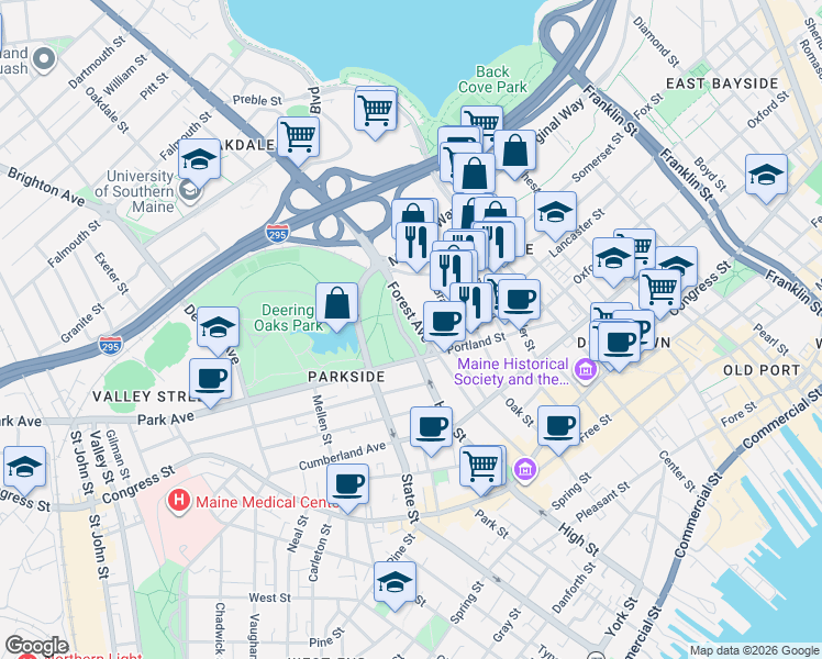 map of restaurants, bars, coffee shops, grocery stores, and more near 116 Forest Avenue in Portland