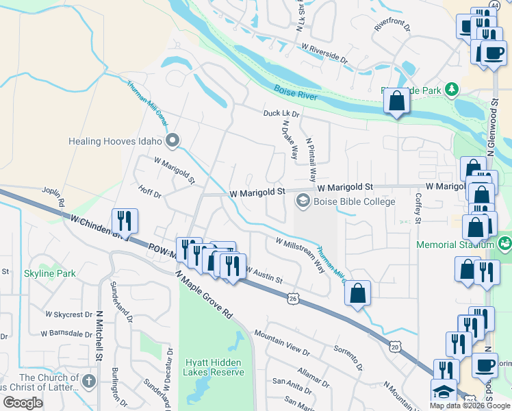 map of restaurants, bars, coffee shops, grocery stores, and more near 6007 Hazelbrook Lane in Garden City