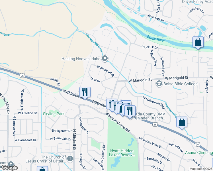 map of restaurants, bars, coffee shops, grocery stores, and more near 9485 Hoff Drive in Boise