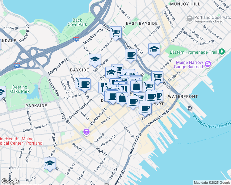 map of restaurants, bars, coffee shops, grocery stores, and more near 284 Cumberland Avenue in Portland