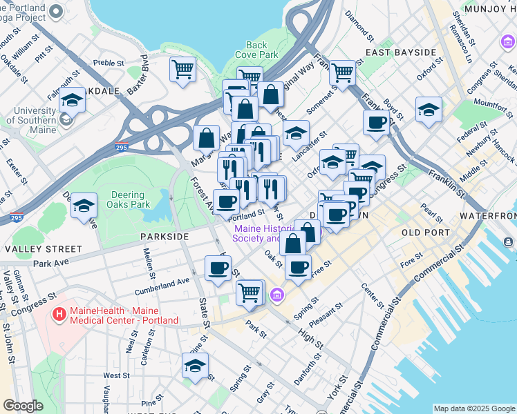 map of restaurants, bars, coffee shops, grocery stores, and more near 44 Hanover Street in Portland