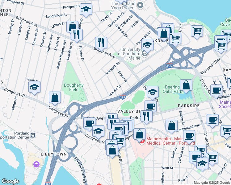 map of restaurants, bars, coffee shops, grocery stores, and more near 61 Granite Street in Portland