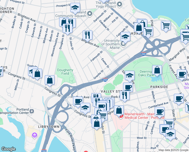 map of restaurants, bars, coffee shops, grocery stores, and more near 55 Roberts Street in Portland