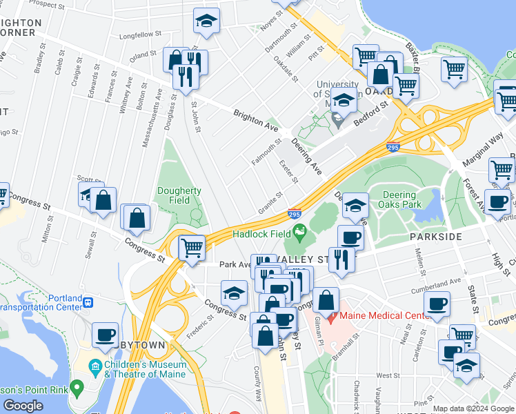 map of restaurants, bars, coffee shops, grocery stores, and more near 55 Roberts Street in Portland