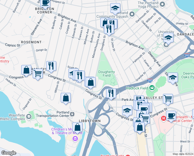 map of restaurants, bars, coffee shops, grocery stores, and more near 107 Douglass Street in Portland