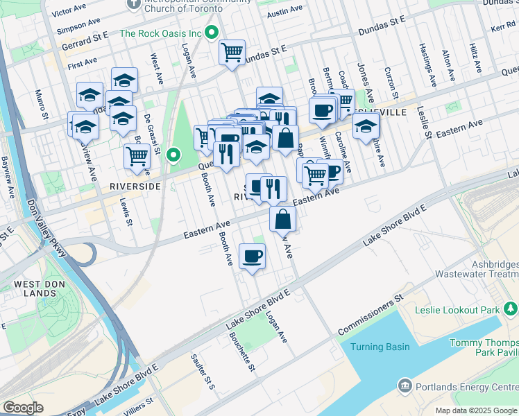 map of restaurants, bars, coffee shops, grocery stores, and more near in Toronto