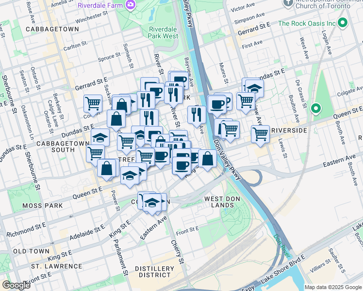 map of restaurants, bars, coffee shops, grocery stores, and more near in Toronto