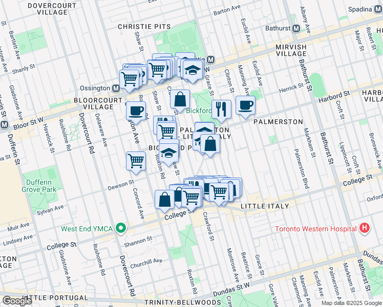 map of restaurants, bars, coffee shops, grocery stores, and more near in Toronto