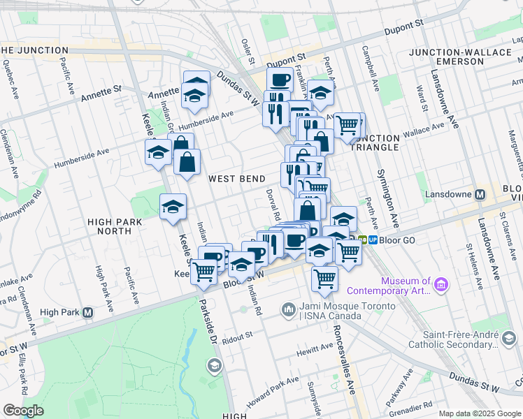 map of restaurants, bars, coffee shops, grocery stores, and more near 19 Wanda Road in Toronto