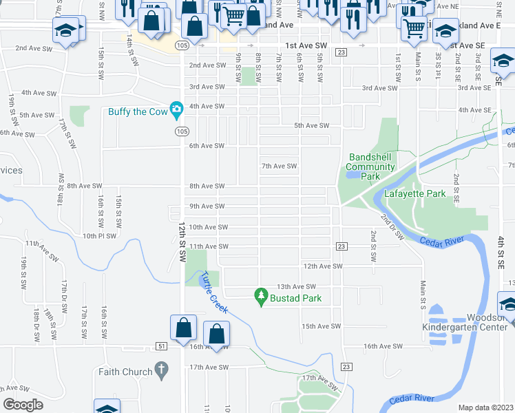 map of restaurants, bars, coffee shops, grocery stores, and more near 905 9th Avenue Southwest in Austin