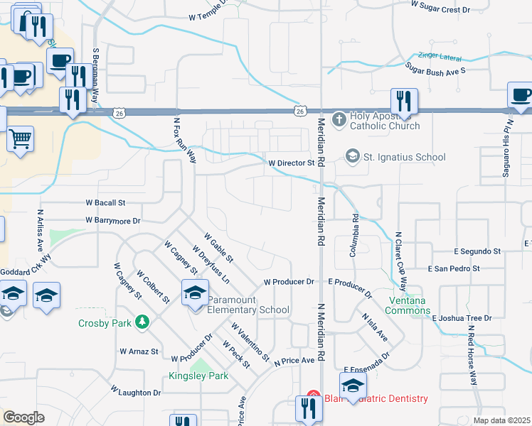 map of restaurants, bars, coffee shops, grocery stores, and more near 5975 North Mitchum Avenue in Meridian