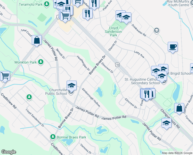 map of restaurants, bars, coffee shops, grocery stores, and more near 43 Midcrest Circle in Brampton