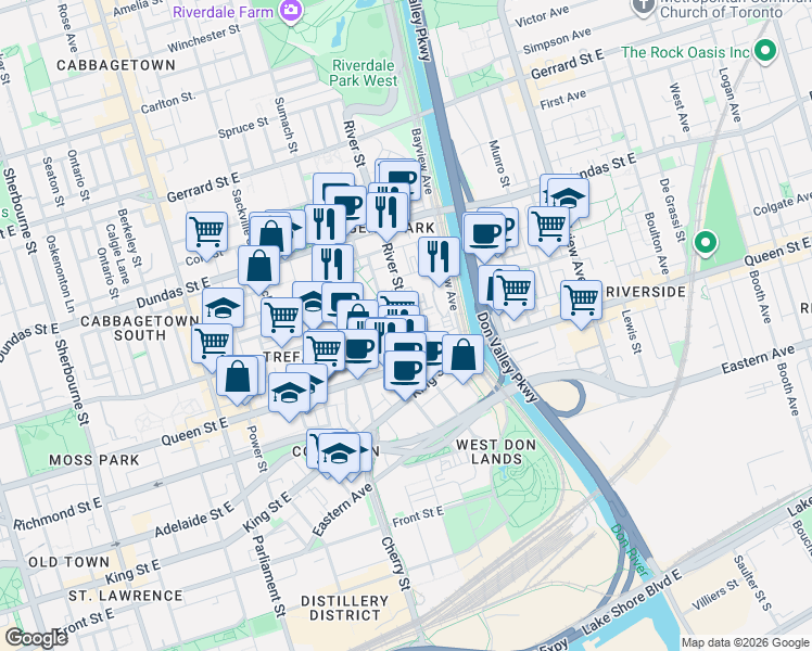 map of restaurants, bars, coffee shops, grocery stores, and more near in Toronto