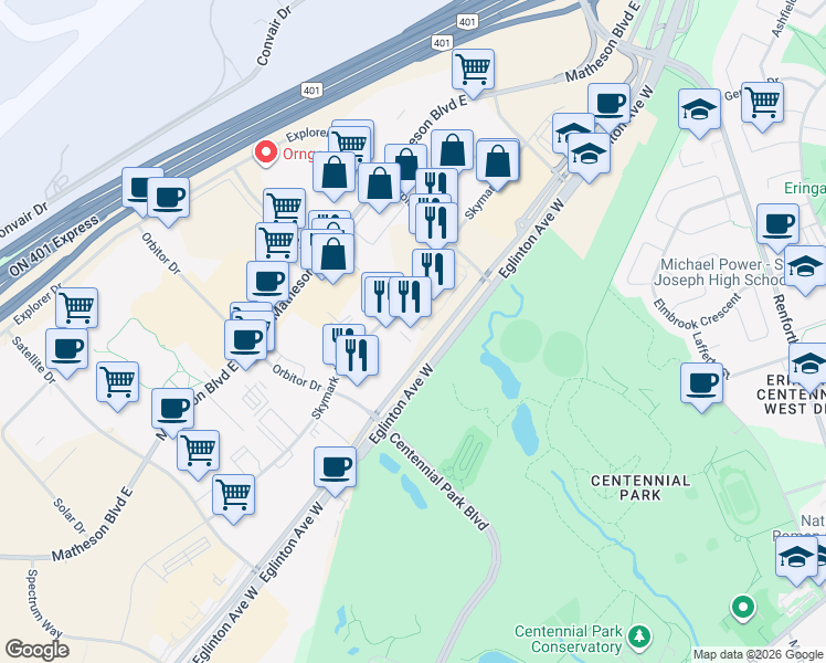 map of restaurants, bars, coffee shops, grocery stores, and more near 2645 Skymark Avenue in Mississauga