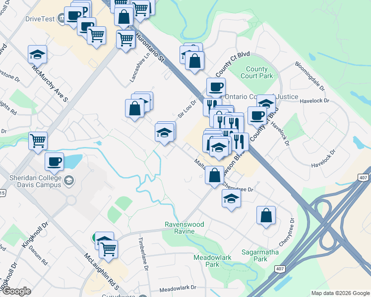 map of restaurants, bars, coffee shops, grocery stores, and more near 35 Malta Avenue in Brampton