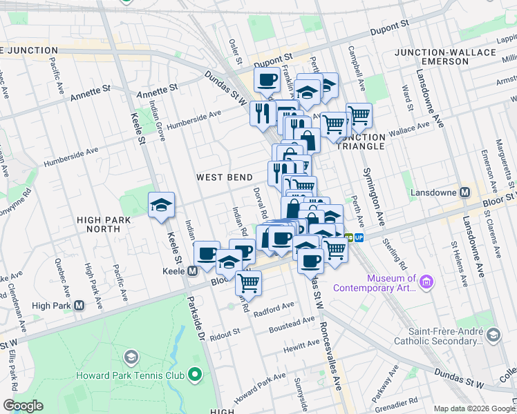 map of restaurants, bars, coffee shops, grocery stores, and more near 66 Dorval Road in Toronto