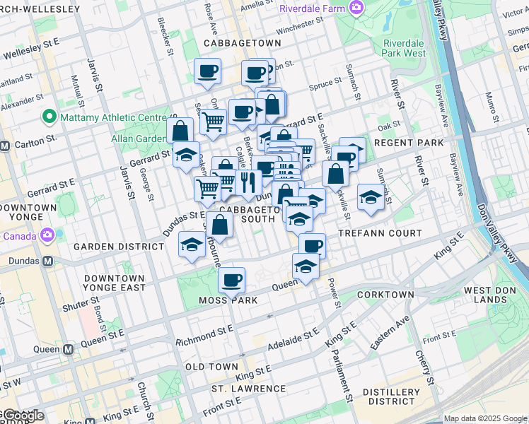 map of restaurants, bars, coffee shops, grocery stores, and more near 250 A Berkeley Street in Toronto