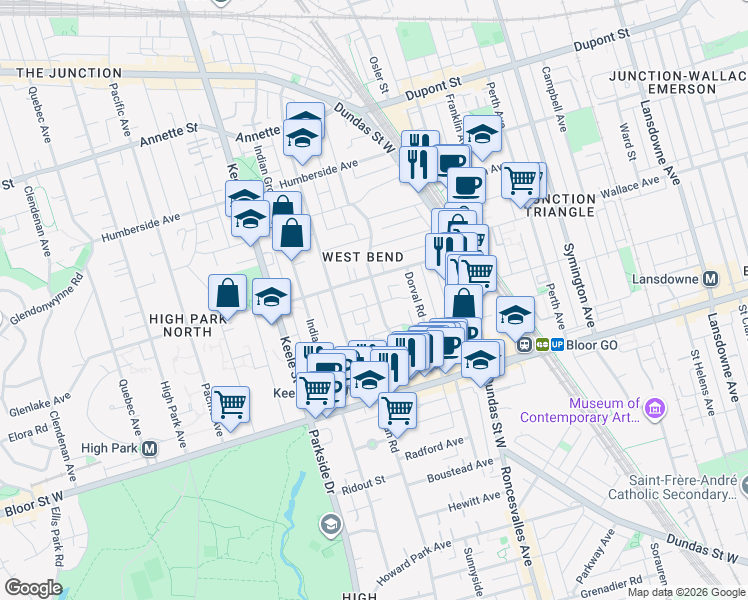 map of restaurants, bars, coffee shops, grocery stores, and more near 594 Indian Grove in Toronto