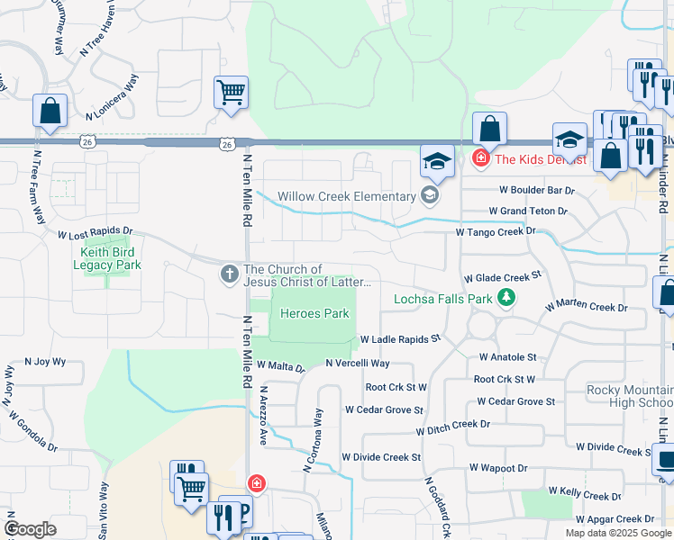 map of restaurants, bars, coffee shops, grocery stores, and more near 2900 West Lost Rapids Drive in Meridian