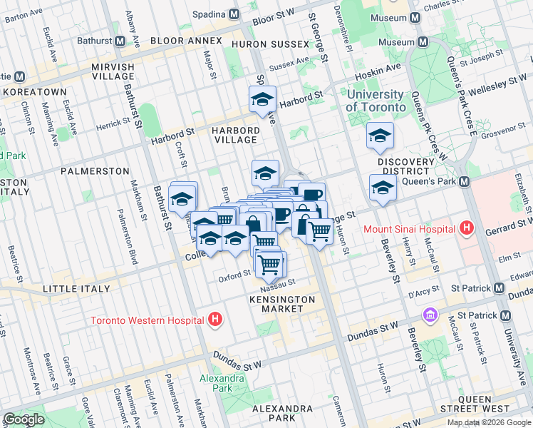map of restaurants, bars, coffee shops, grocery stores, and more near 28 Robert Street in Toronto