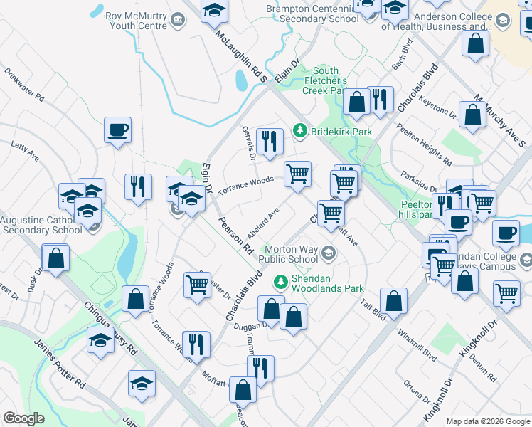 map of restaurants, bars, coffee shops, grocery stores, and more near 40 Abelard Avenue in Brampton