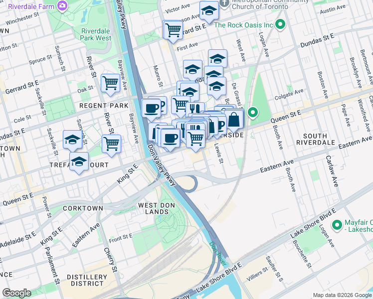 map of restaurants, bars, coffee shops, grocery stores, and more near 665 Queen Street East in Toronto