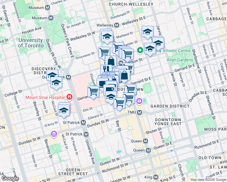 map of restaurants, bars, coffee shops, grocery stores, and more near 55 Gerrard Street West in Toronto