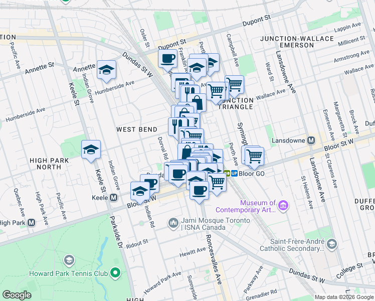 map of restaurants, bars, coffee shops, grocery stores, and more near 2417 Dundas Street West in Toronto