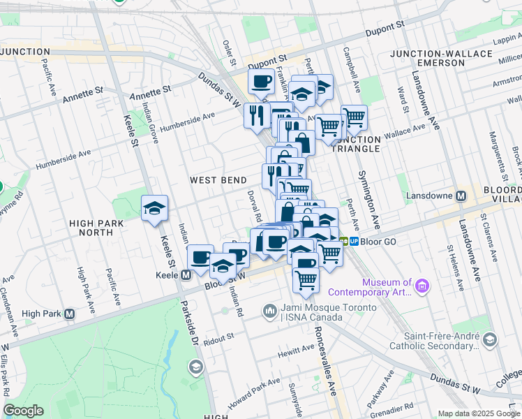 map of restaurants, bars, coffee shops, grocery stores, and more near 63 Dorval Road in Toronto