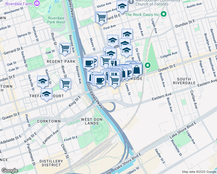 map of restaurants, bars, coffee shops, grocery stores, and more near 47 Thompson Street in Toronto
