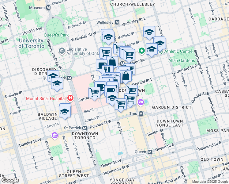 map of restaurants, bars, coffee shops, grocery stores, and more near 55 Gerrard Street West in Toronto