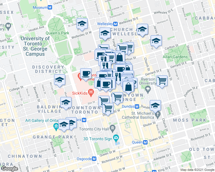map of restaurants, bars, coffee shops, grocery stores, and more near 55 Gerrard Street West in Toronto