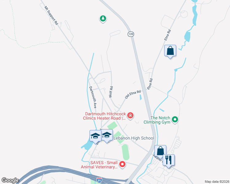 map of restaurants, bars, coffee shops, grocery stores, and more near 31 Old Etna Road in Lebanon