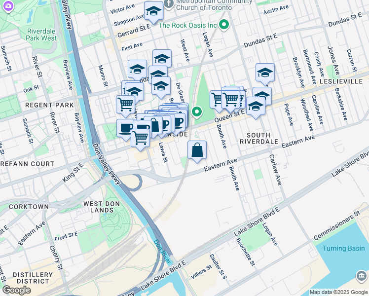 map of restaurants, bars, coffee shops, grocery stores, and more near in Toronto