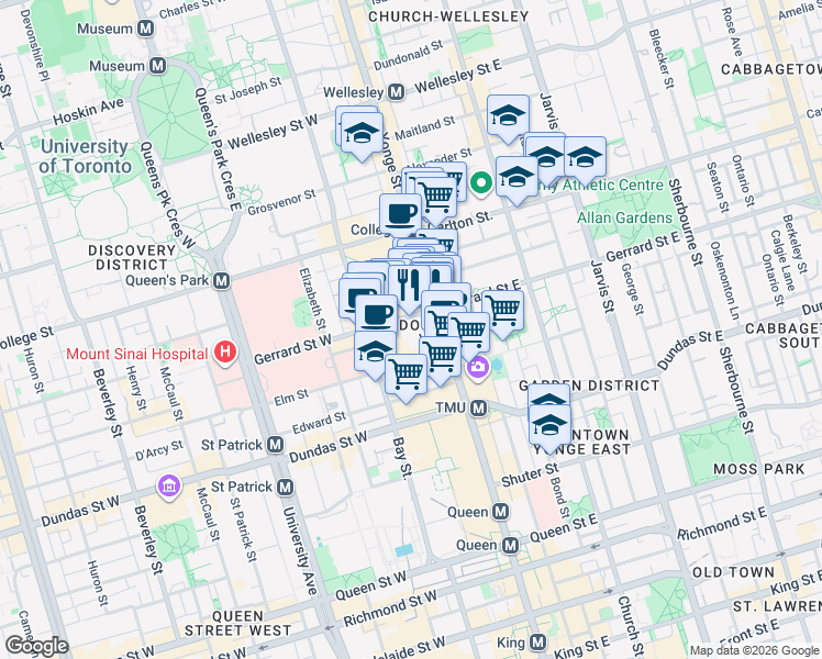 map of restaurants, bars, coffee shops, grocery stores, and more near 33 Gerrard Street West in Toronto