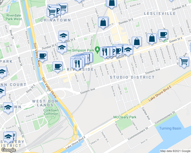 map of restaurants, bars, coffee shops, grocery stores, and more near in Toronto