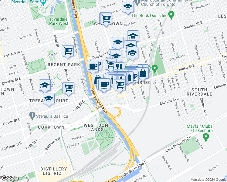 map of restaurants, bars, coffee shops, grocery stores, and more near in Toronto