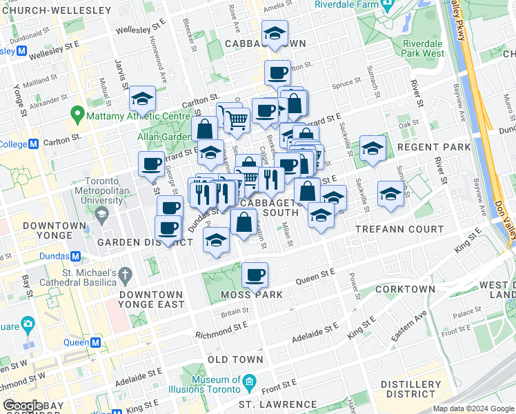 map of restaurants, bars, coffee shops, grocery stores, and more near 185 Seaton Street in Toronto