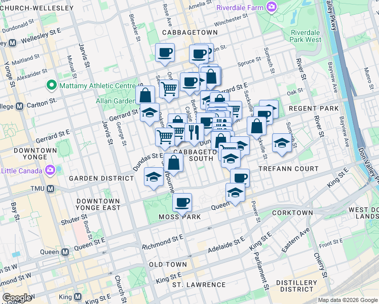 map of restaurants, bars, coffee shops, grocery stores, and more near 365 Dundas Street East in Toronto