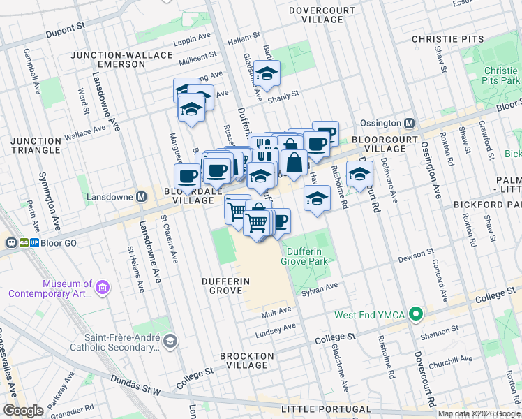 map of restaurants, bars, coffee shops, grocery stores, and more near 980 Dufferin Street in Toronto